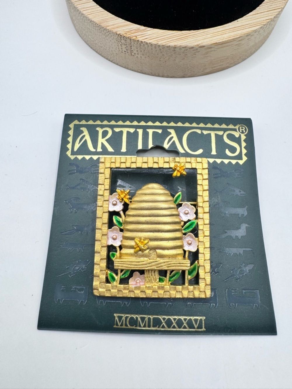 Vintage 1986 Artifacts Beehive Brooch Pin MCMLXXXVI Enamel Flowers Gold Tone